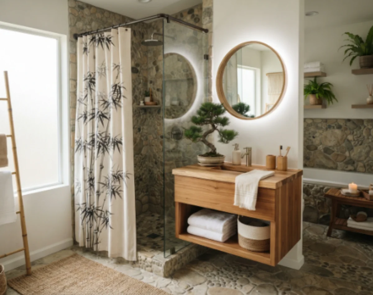 Bamboo print shower curtain in natural stone bathroom Dubai