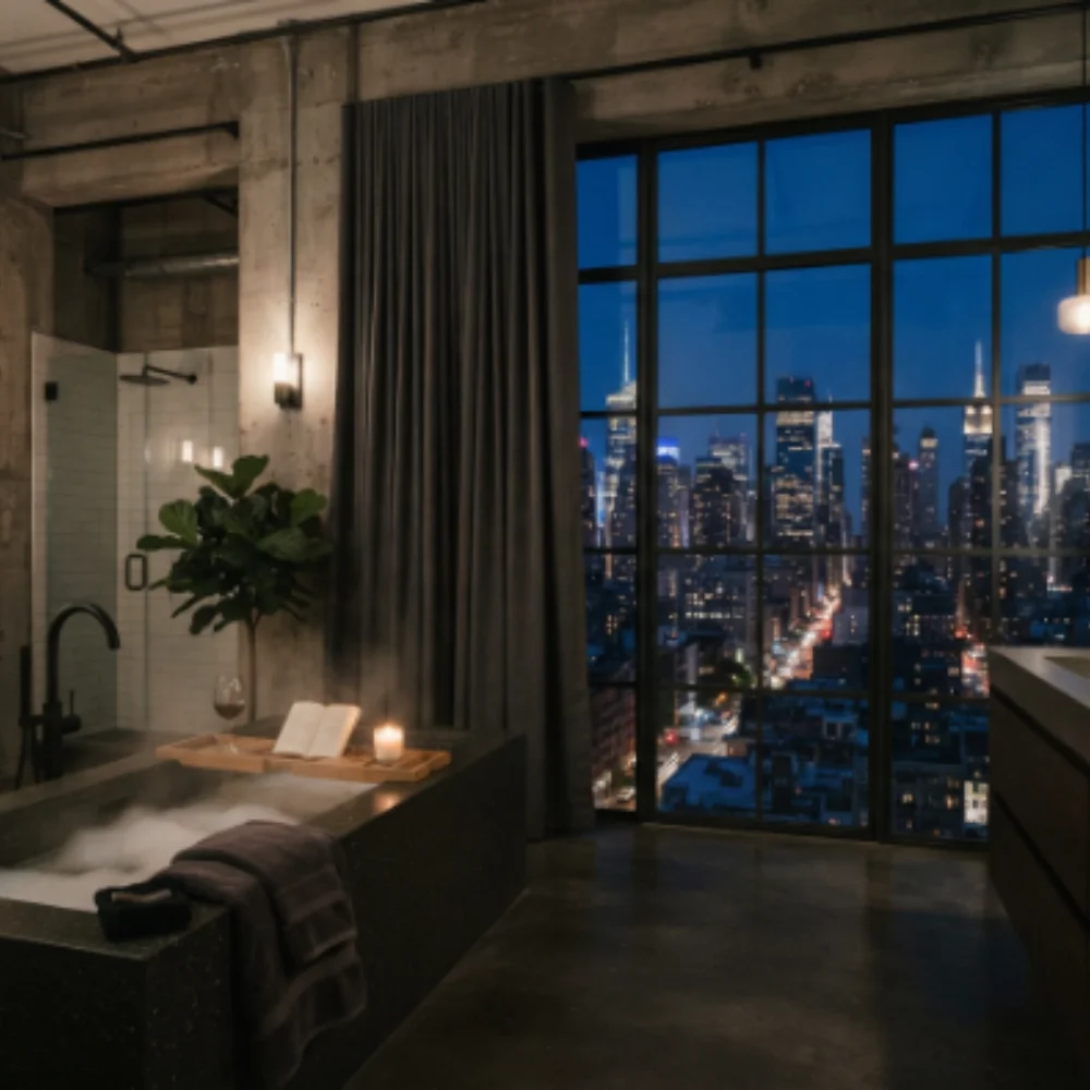 Shower curtain in bathroom with night city view Dubai