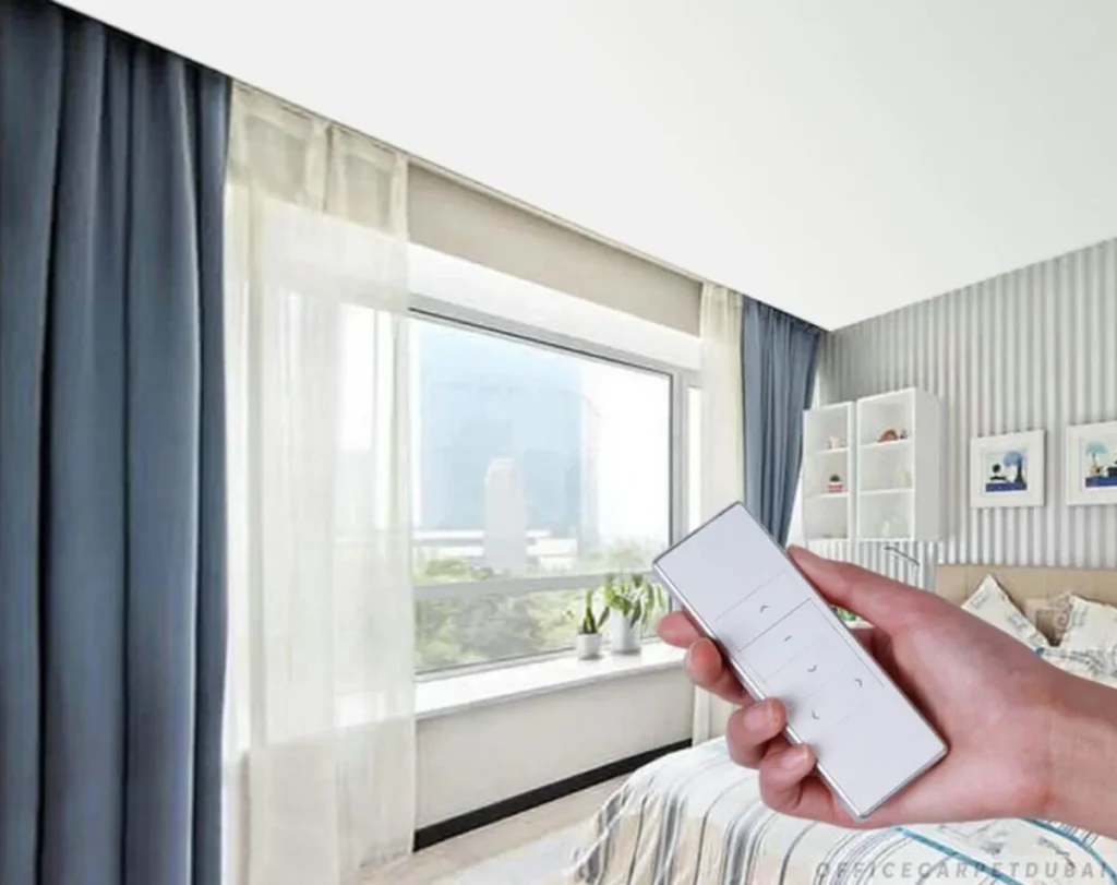 Bedroom motorized blinds cozy design Dubai
