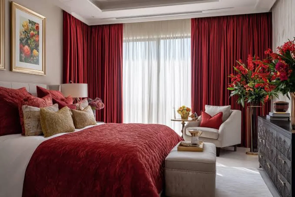 Bespoke red drapes quiet charming interiors Dubai