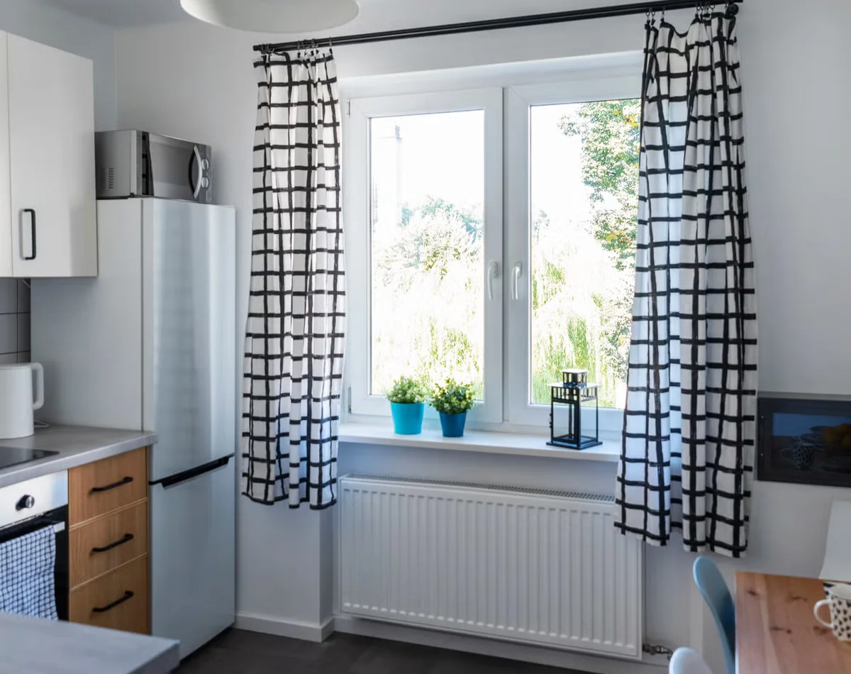 Black white checkered kitchen curtains window