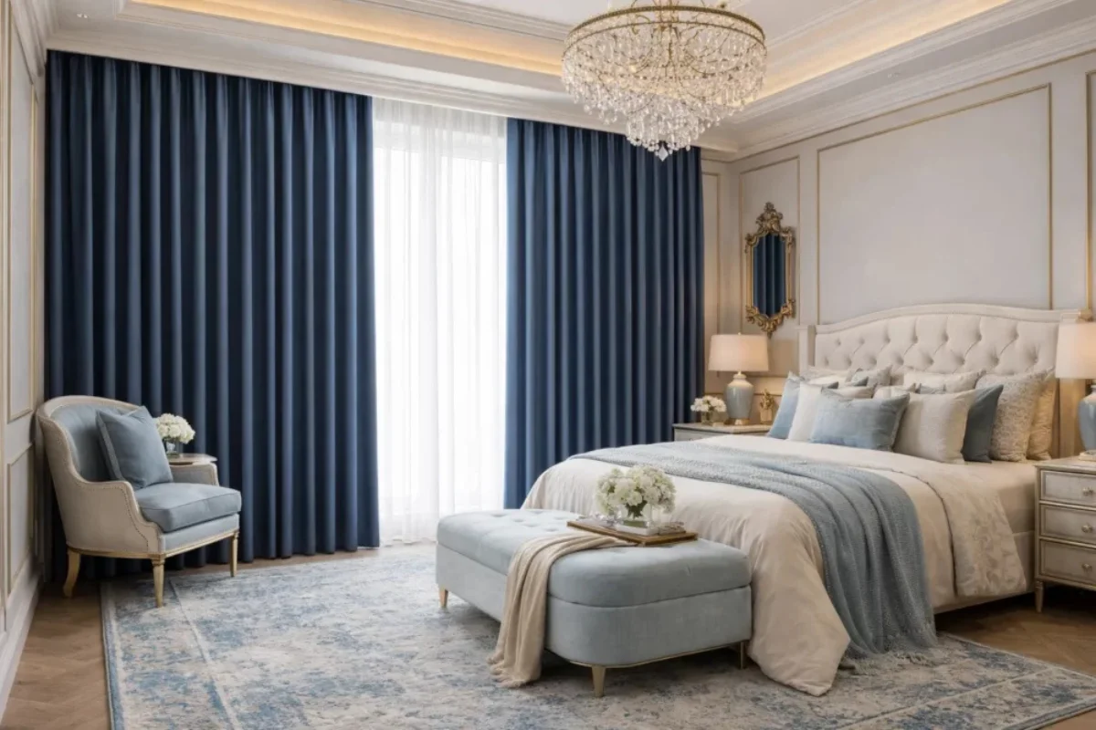 Blue wave curtains luxury bedroom Dubai