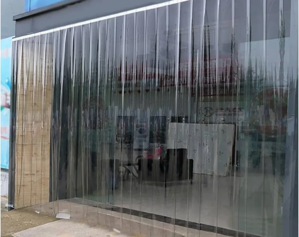 Insulated curtain strips installed at cold storage entrance