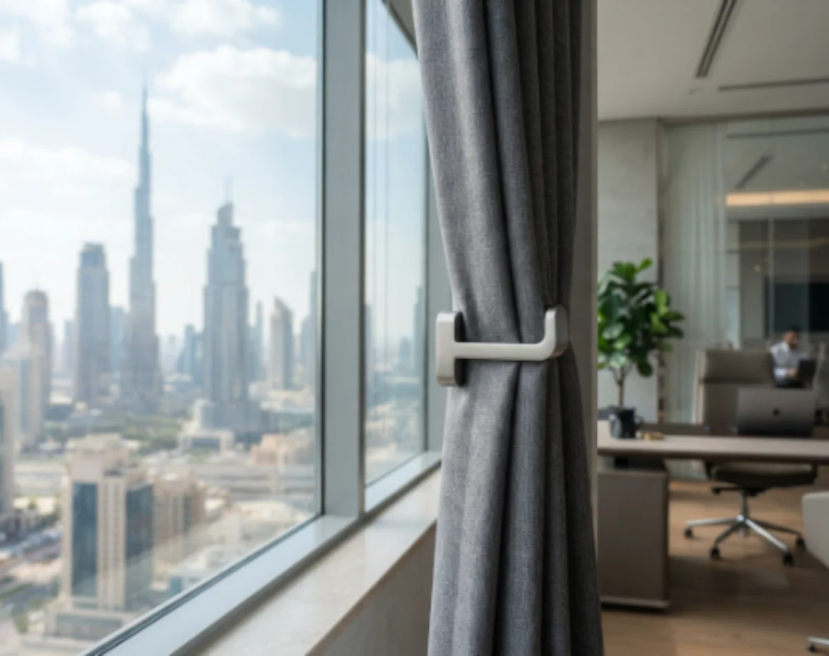 Curtain hooks office window Dubai skyline