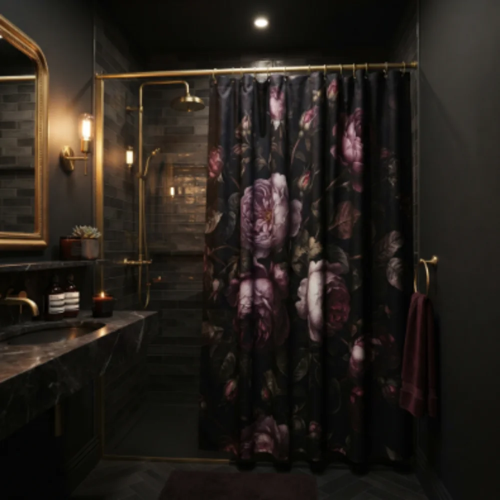 Dark floral shower curtain in elegant gold toned bathroom