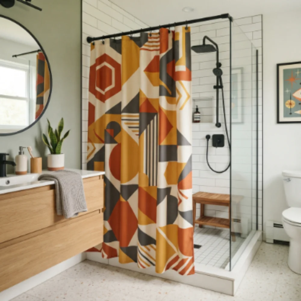 Geometric pattern shower curtain in modern bathroom Dubai