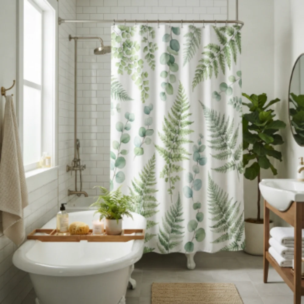 Green leaf print shower curtain in cozy bathroom