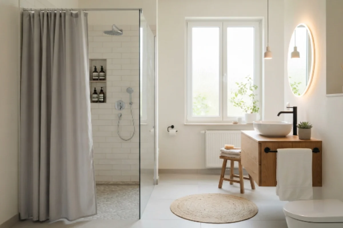 Grey shower curtain in modern glass shower bathroom Dubai
