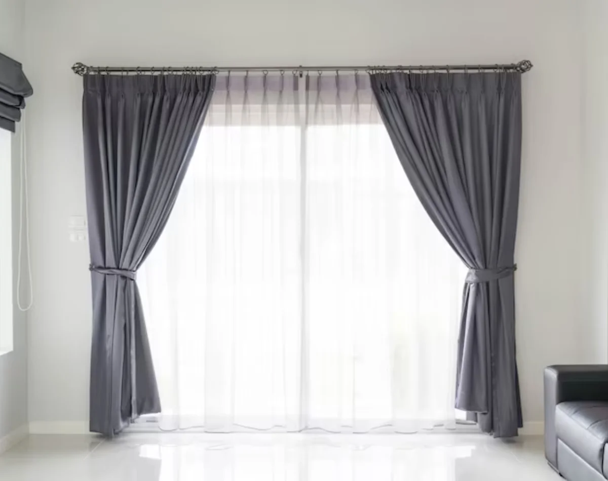 Grey curtain tie backs living room Dubai