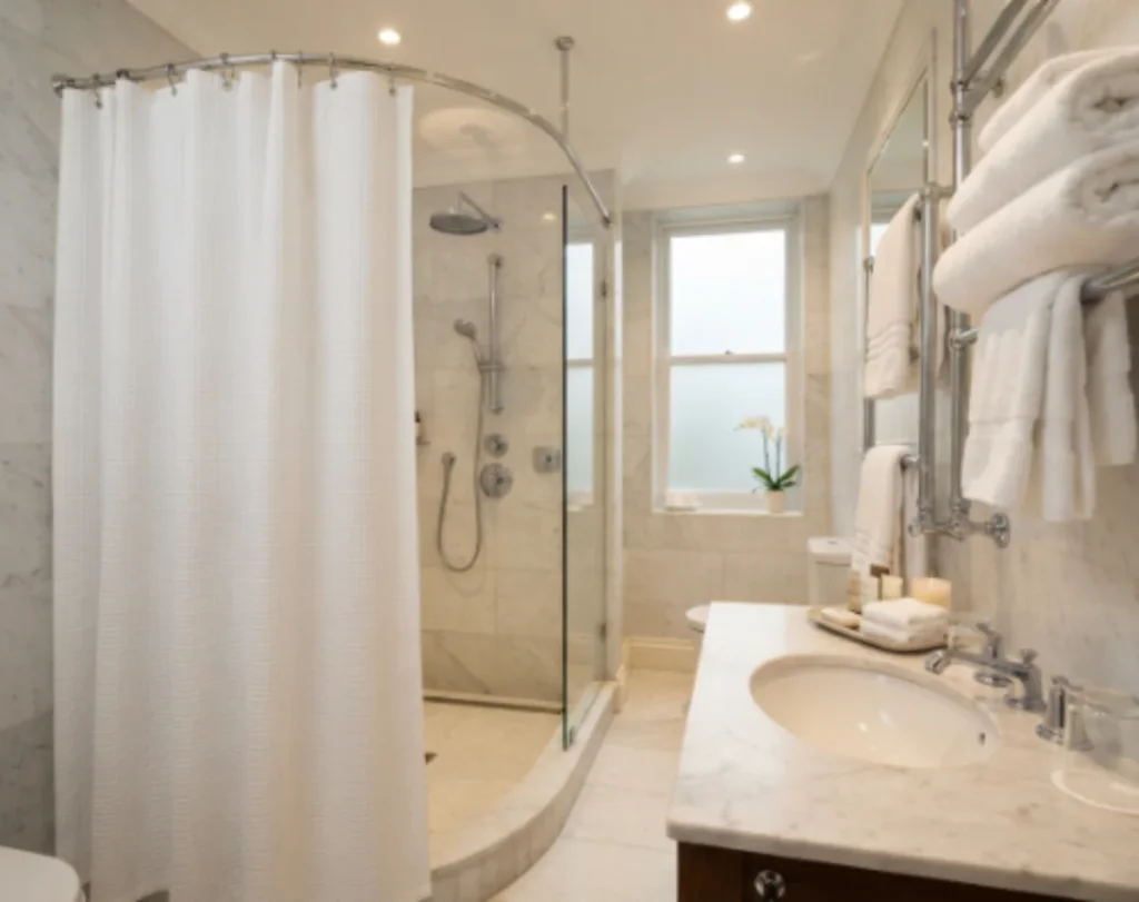 Durable shower curtains designed for hotel bathroom interiors