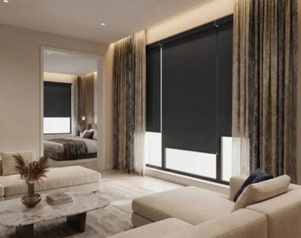 Living room blackout blinds elegant Dubai