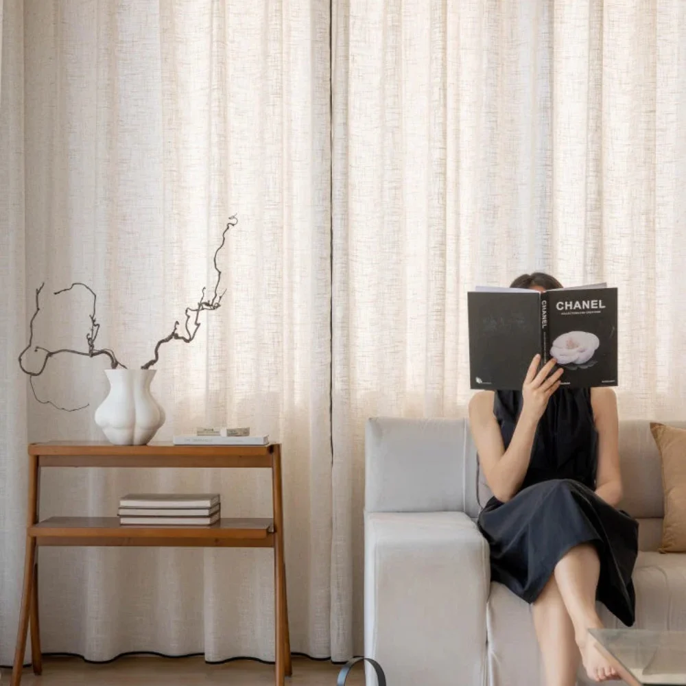 Natural linen sheer curtain office window