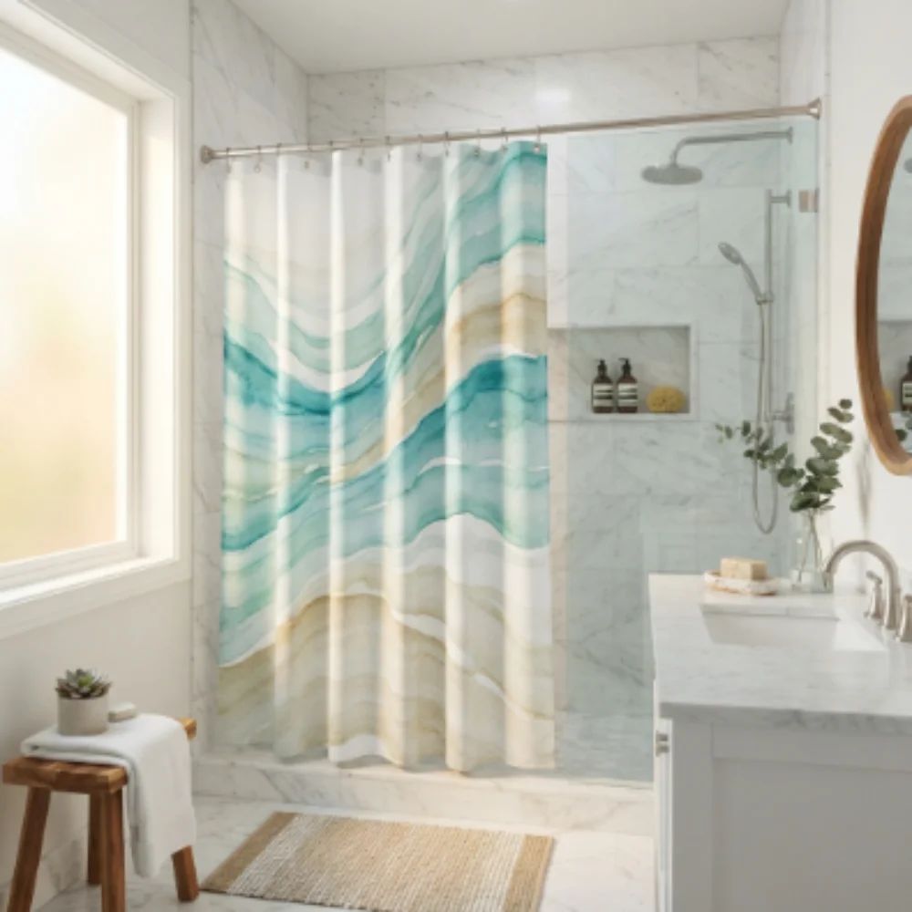 Blue ombre pattern shower curtain in apartment bathroom