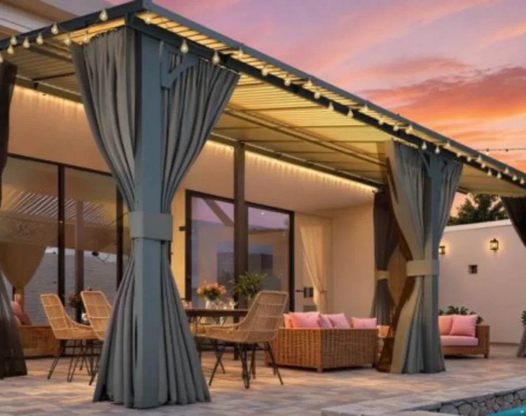 Open air restaurant seating balcony curtains Dubai