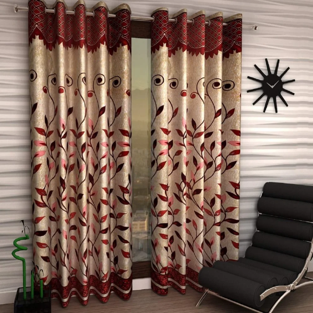 Red and beige patterned curtain in modern living space