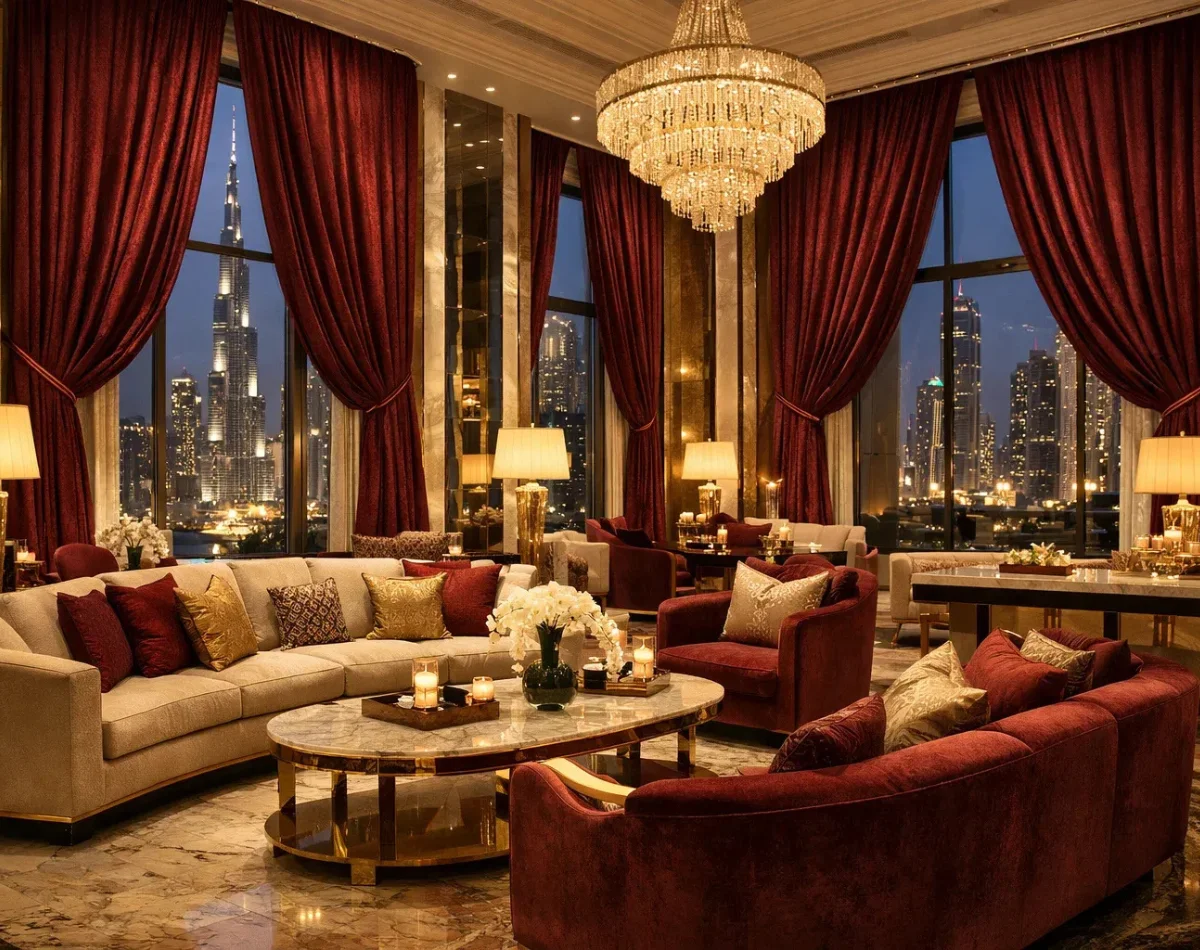 Red velvet luxury curtains Dubai skyline view
