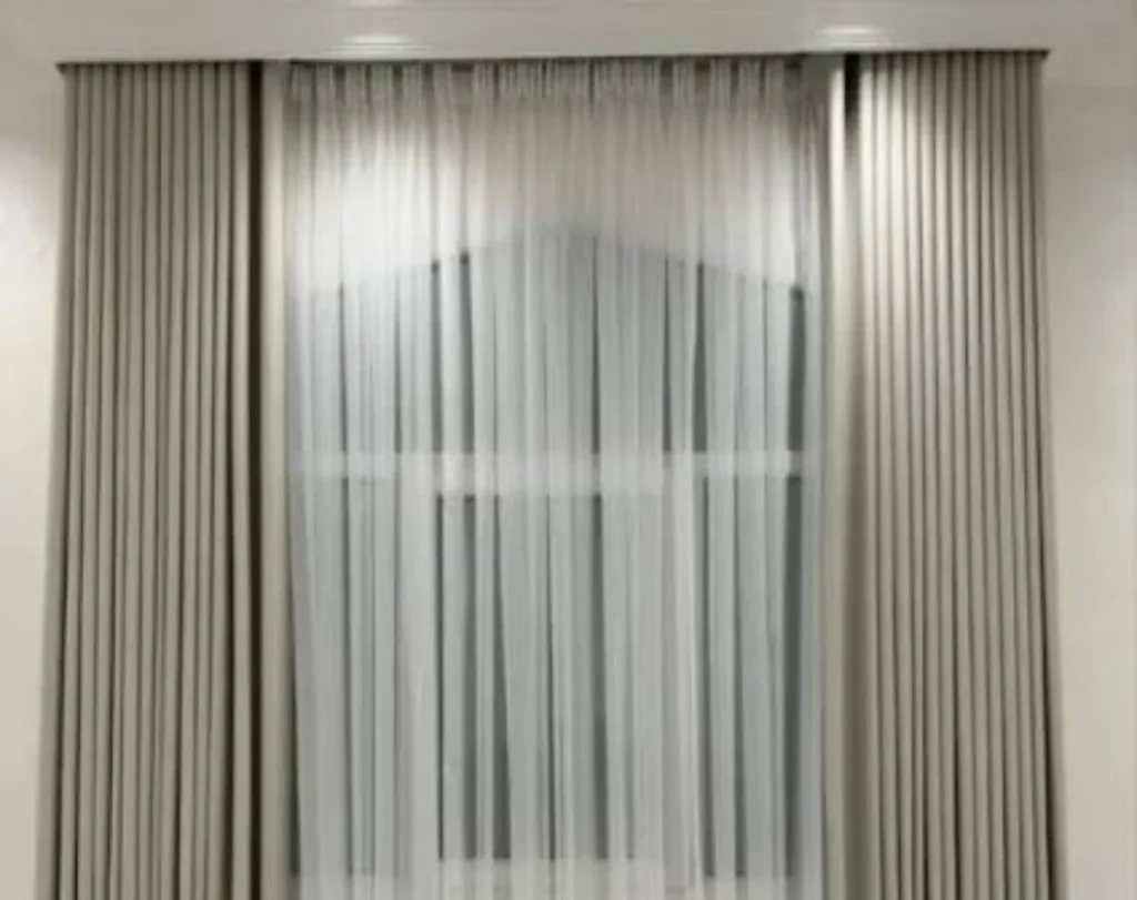 Curtain installed at service window counter for privacy