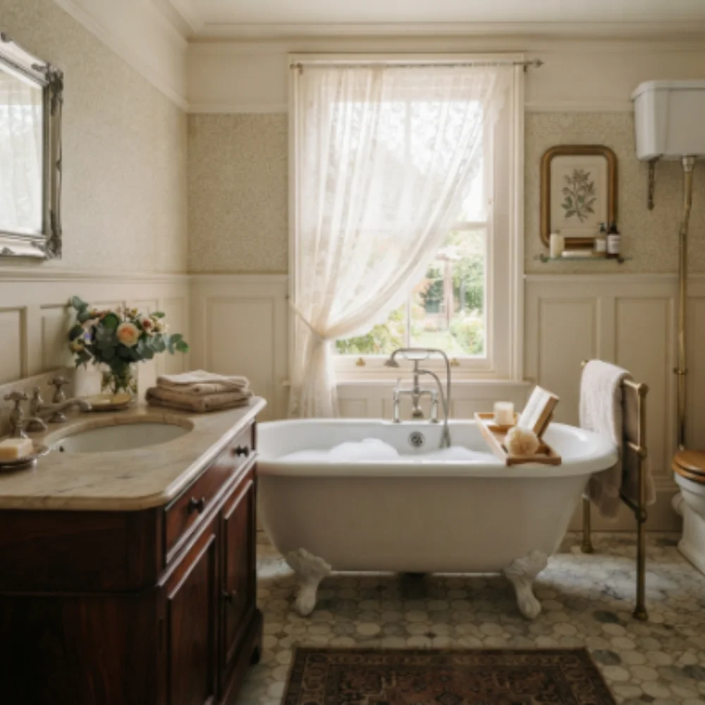 Sheer curtain drape near classic freestanding bathtub Dubai