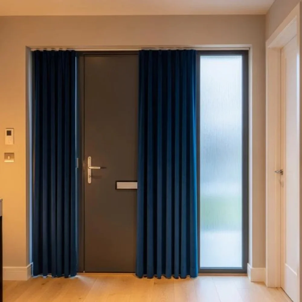 Teal blue curtain covering glass door in modern home
